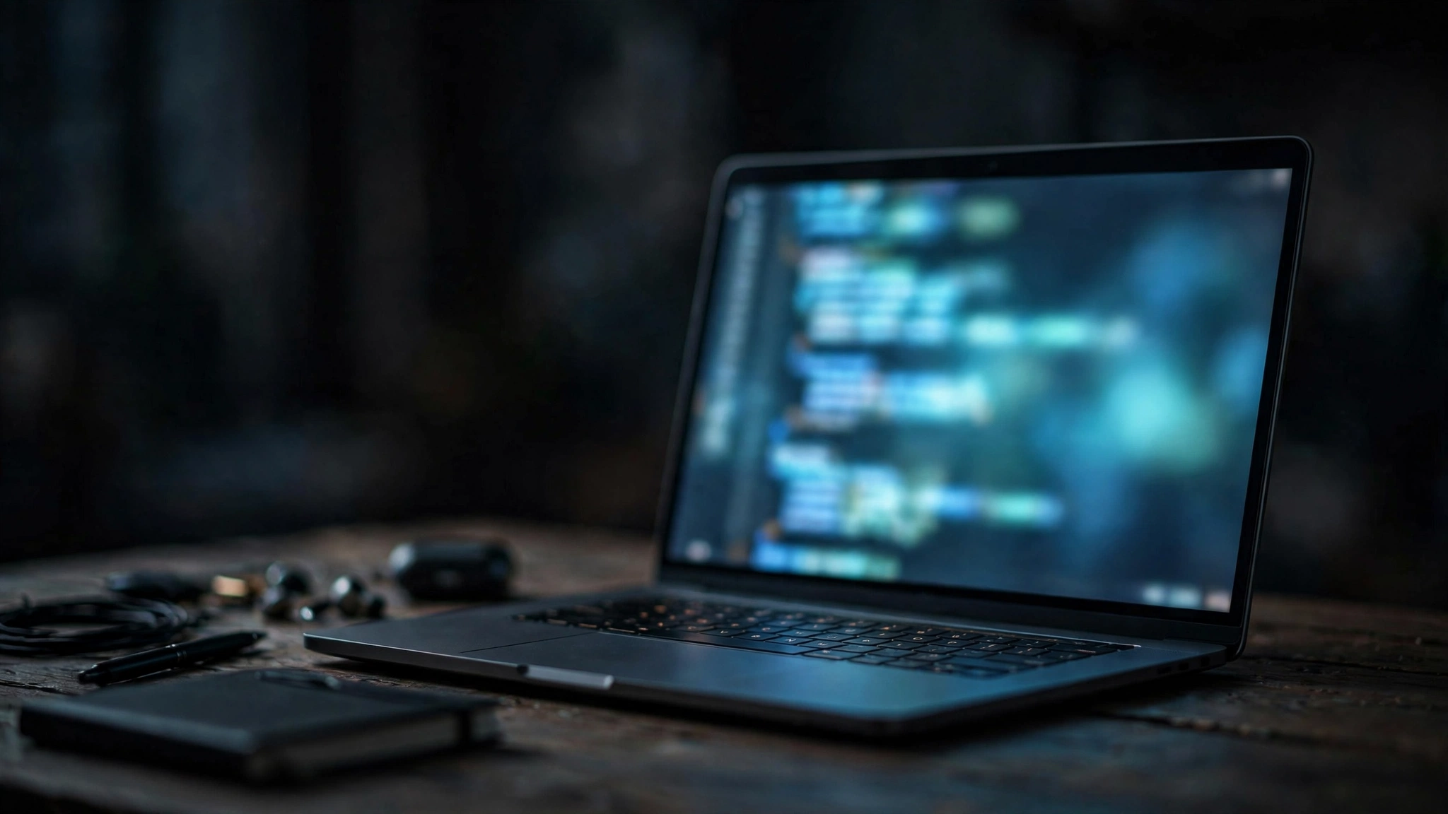 A laptop on a desk in a dark room with an unreadable blurred code screen