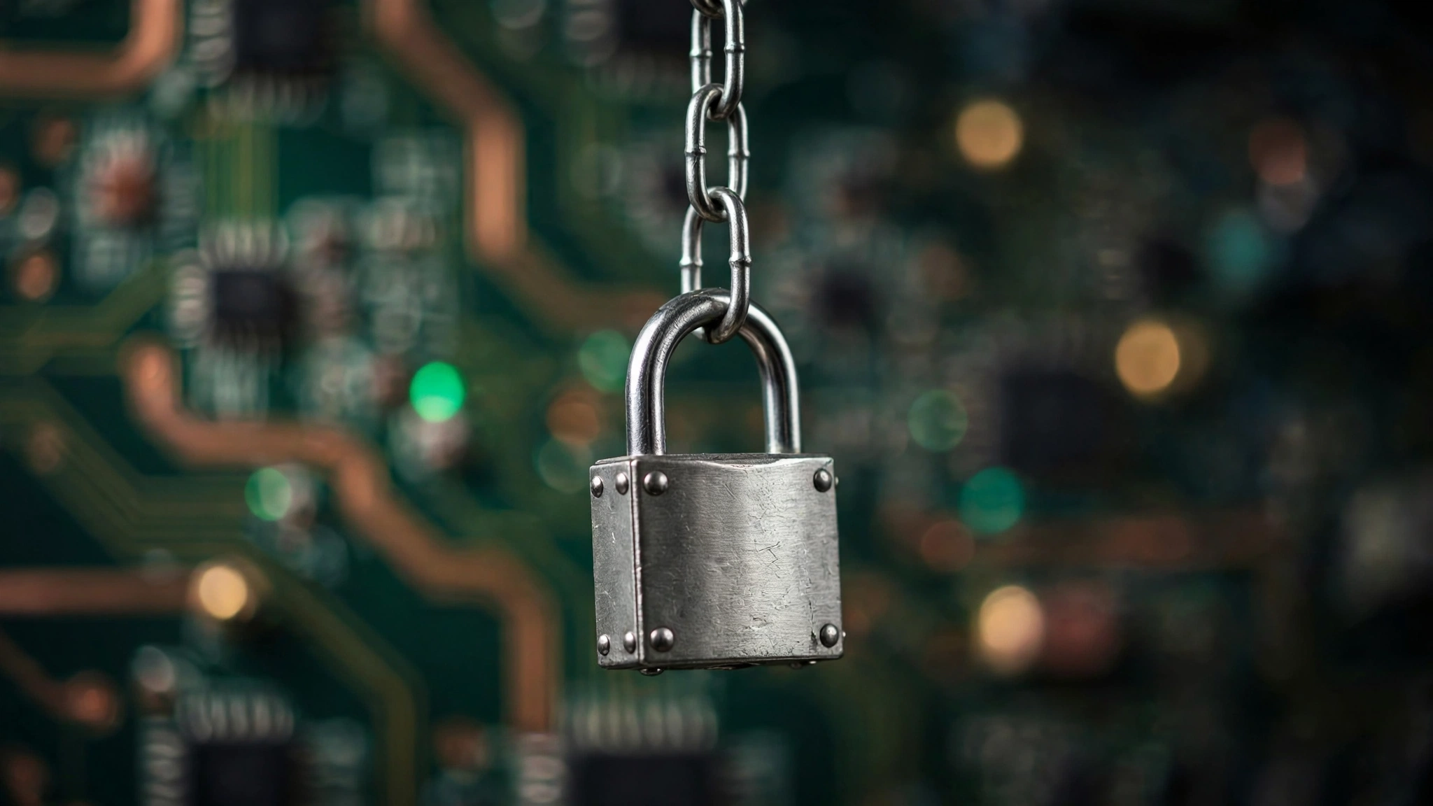 A metal padlock on a chain in front of a blurred circuit board