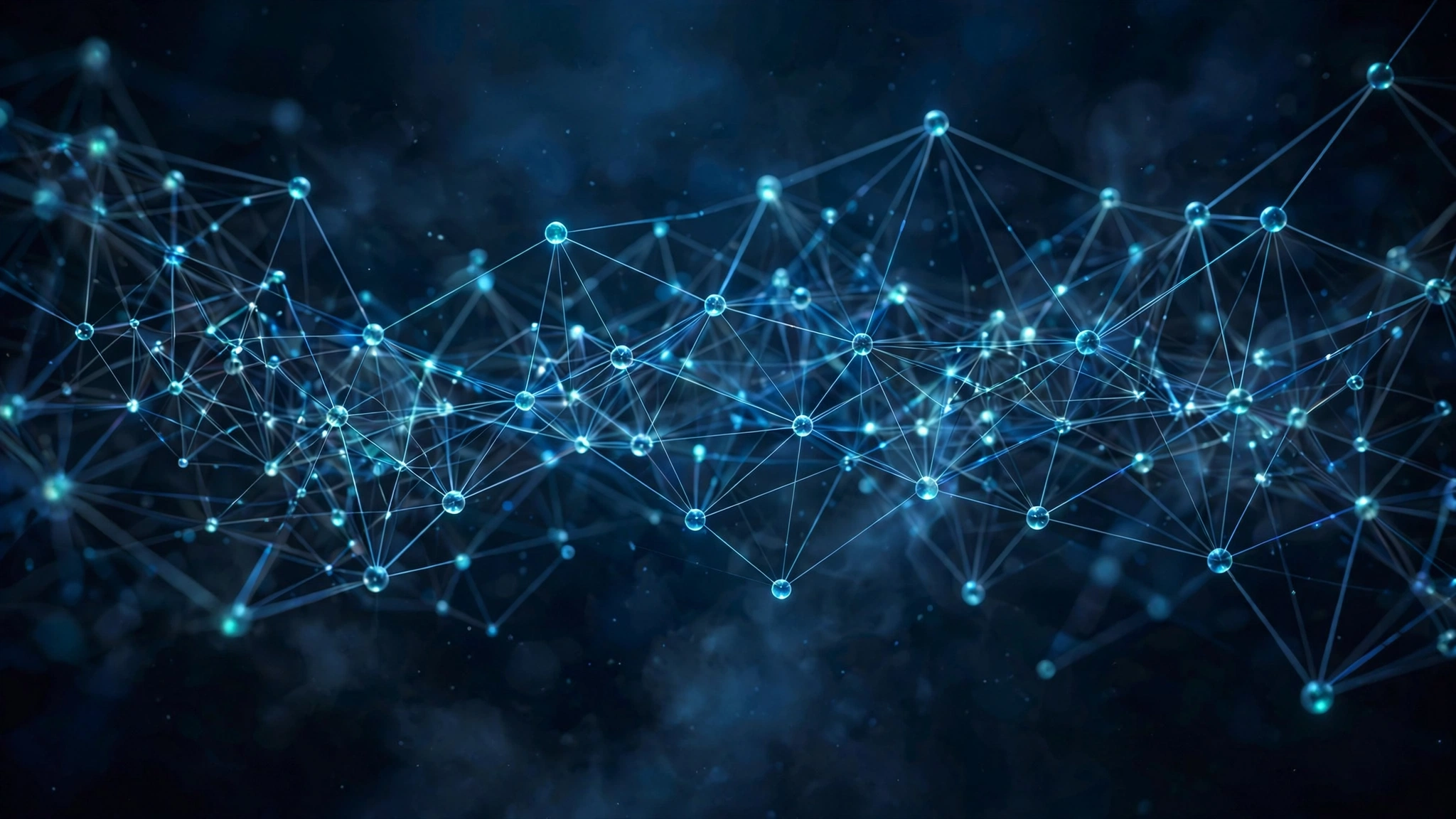 Glowing network of connected nodes on a dark blue background