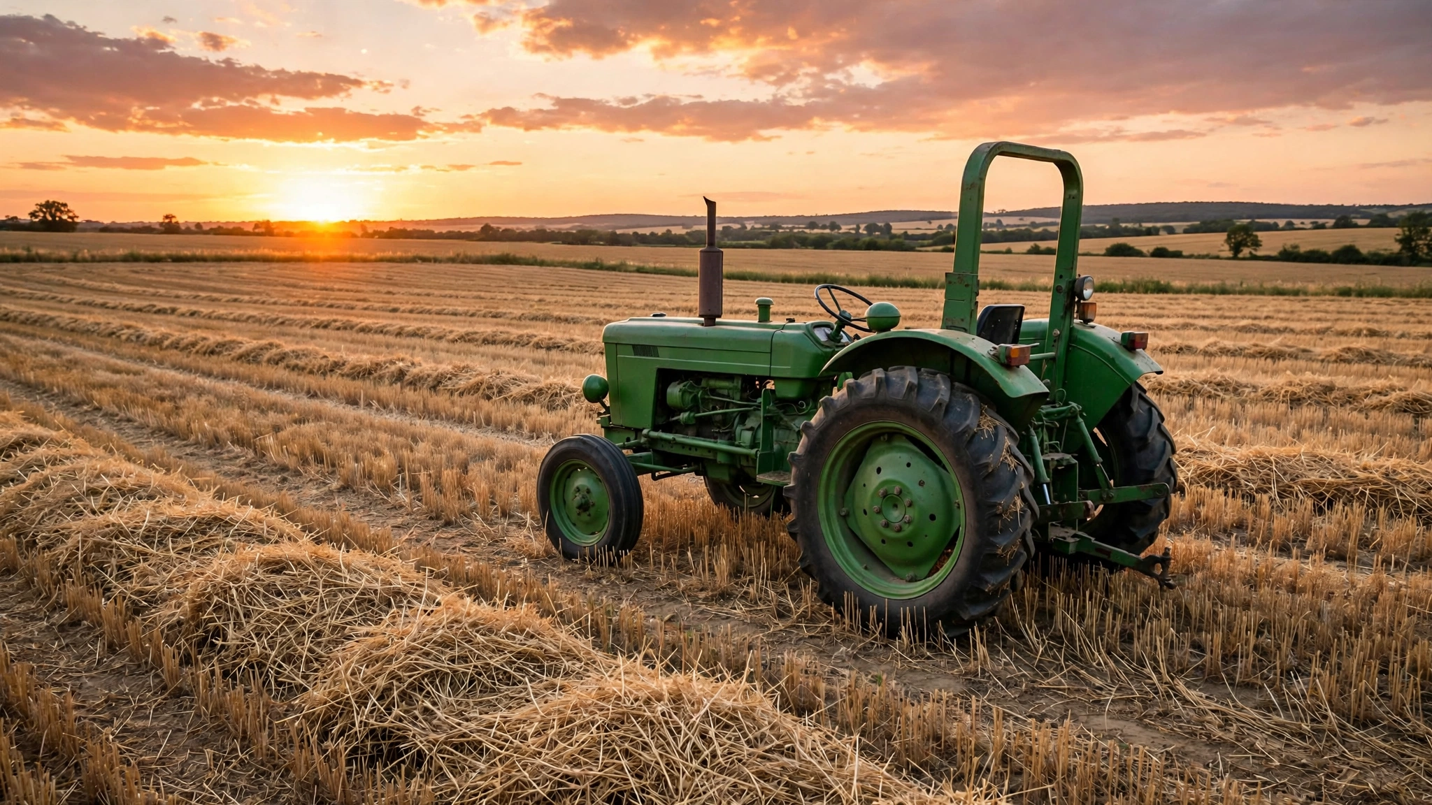 A generic green tractor without brand markings in a harvested field at sunset
