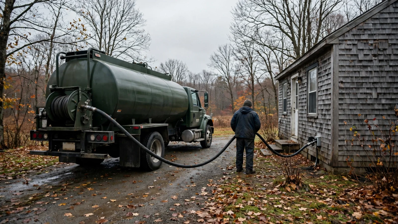 A heating oil delivery truck parked beside a wood-sided house in autumn, with a worker holding a fuel hose that runs to the house