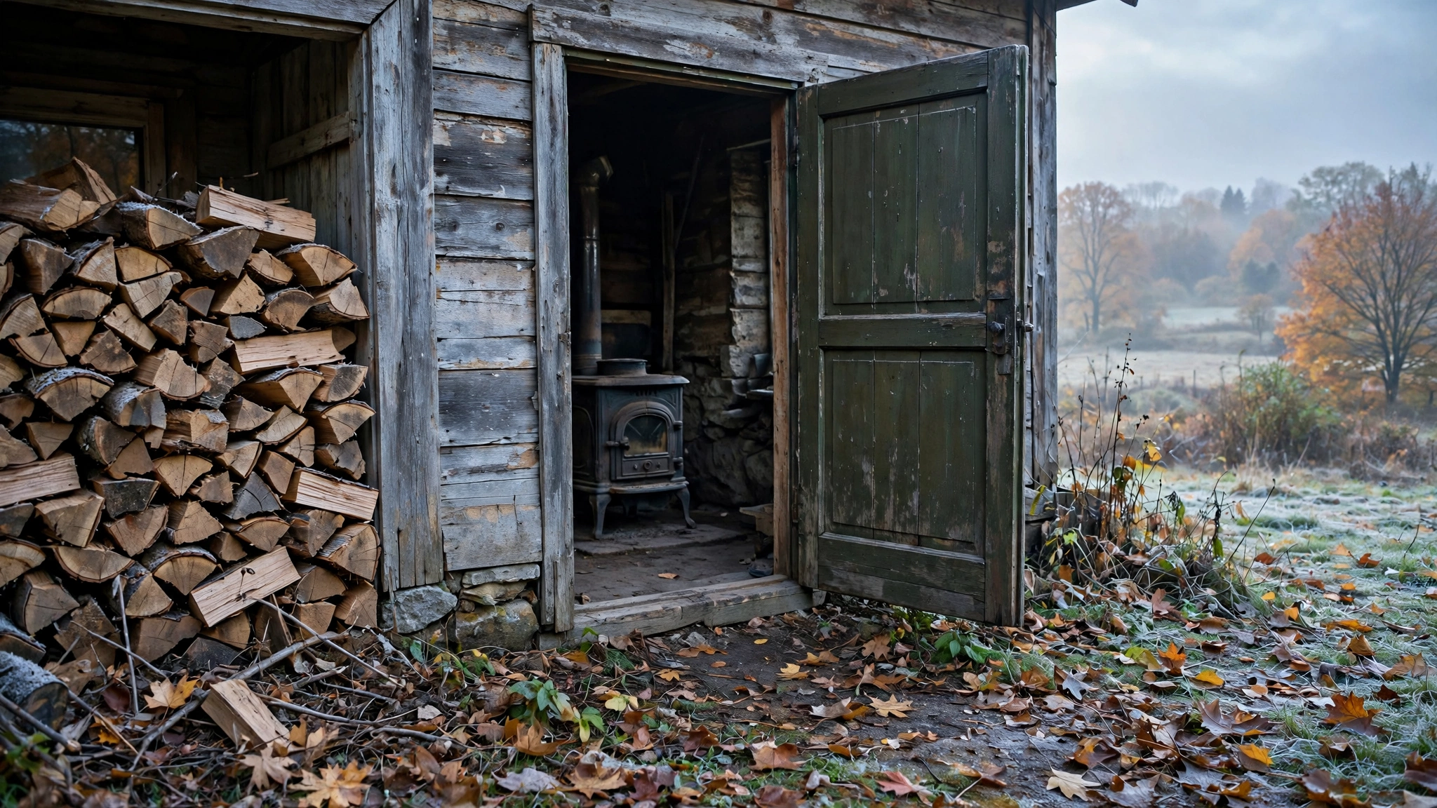 A stack of split firewood beside an open door, with a wood stove visible inside a rustic outbuilding
