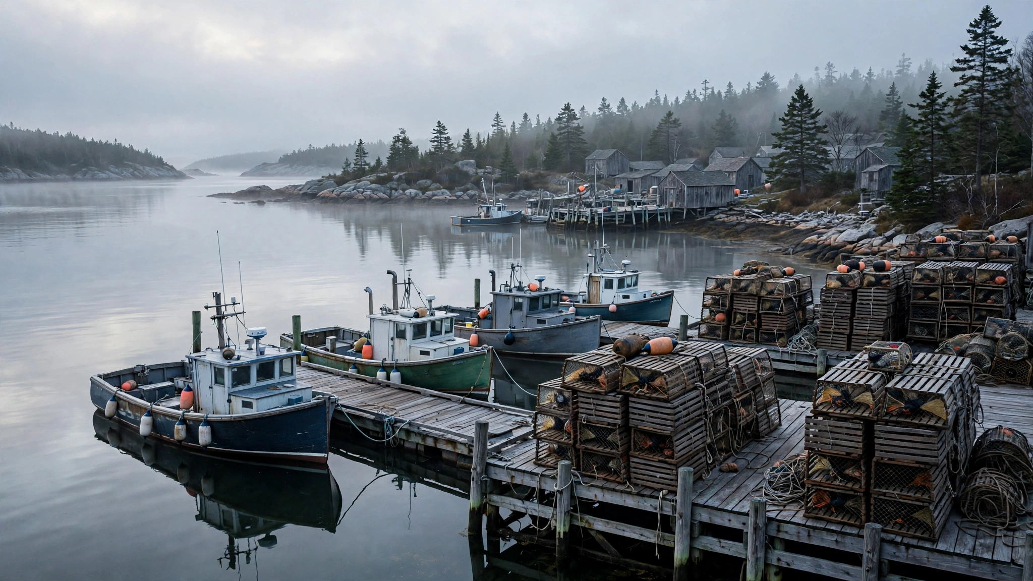 Fishing boats tied at a wooden dock in a Maine harbor at dawn, with lobster traps stacked on the pier