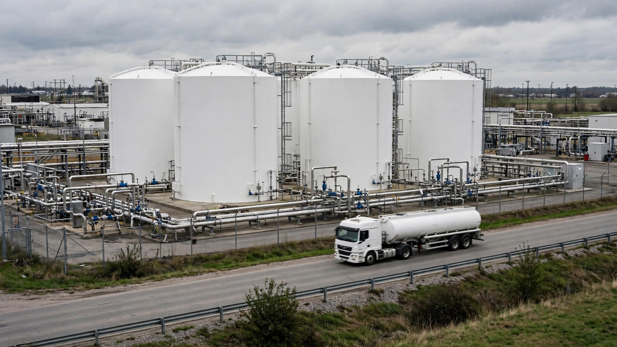 Large white fuel storage tanks at a fuel terminal, with a tanker truck driving past on a road