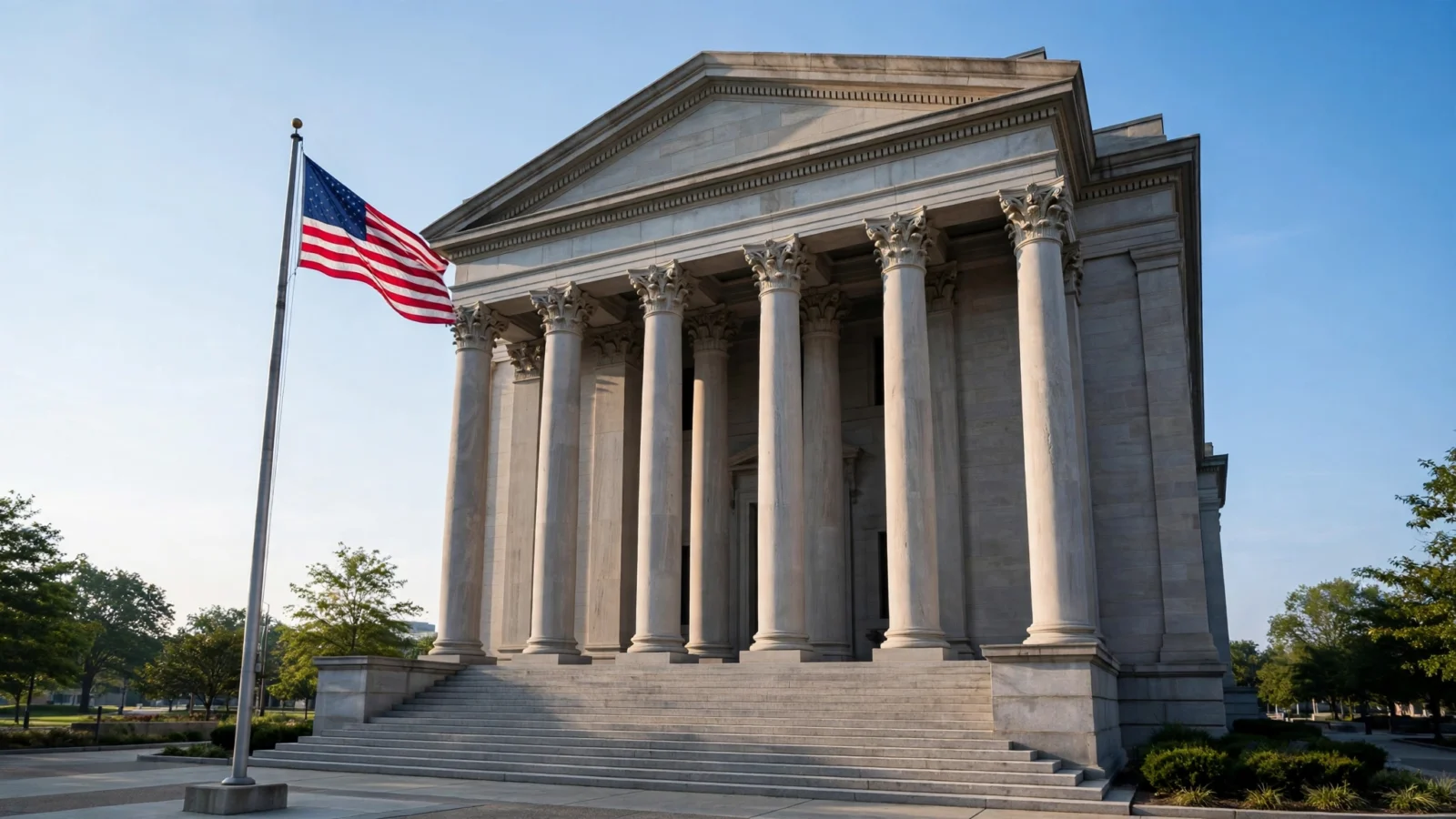 The stone front and tall columns of a United States federal courthouse, with an American flag on a pole in front