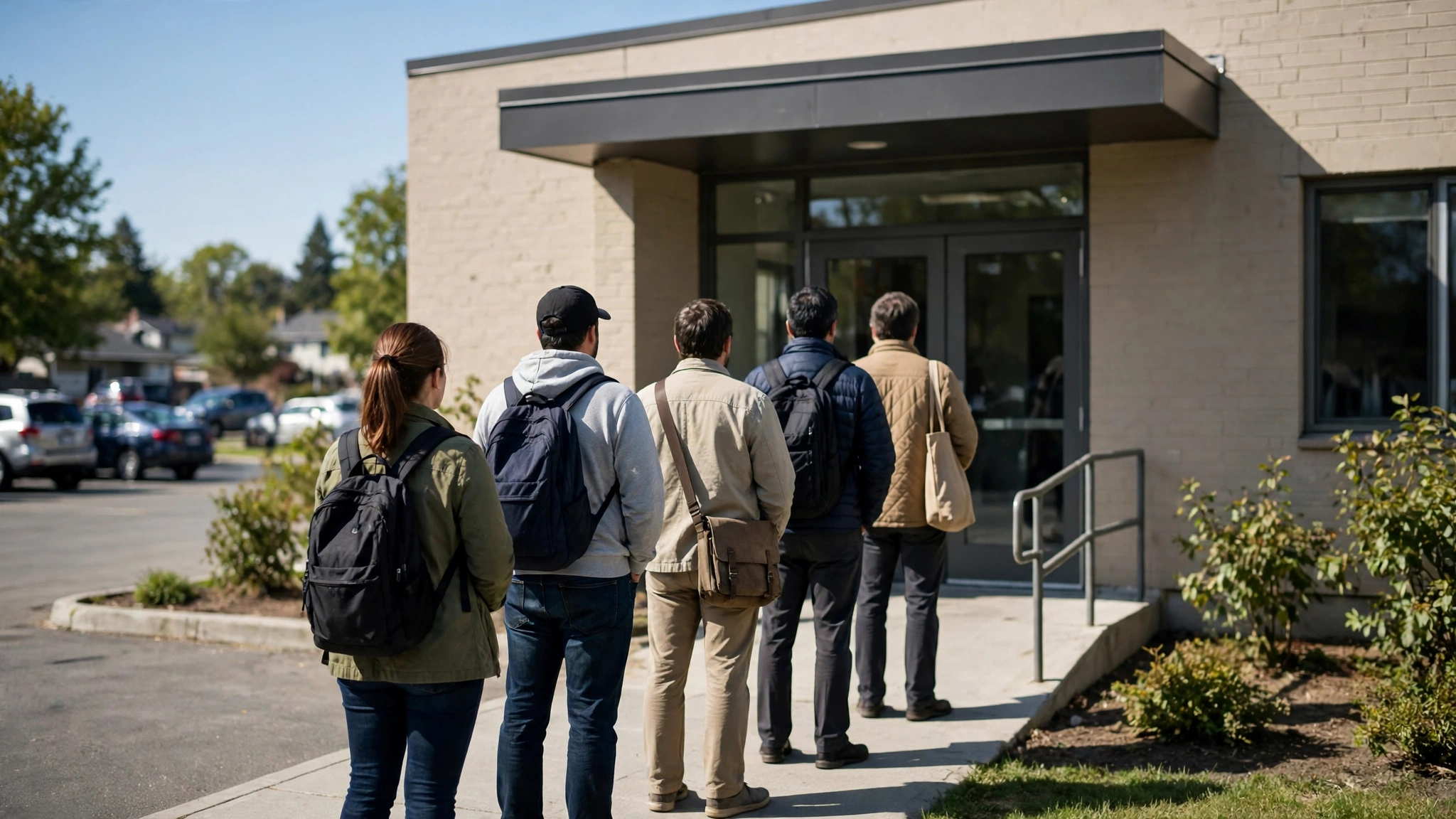 People seen from behind standing in line outside a plain brick community building on a sunny day