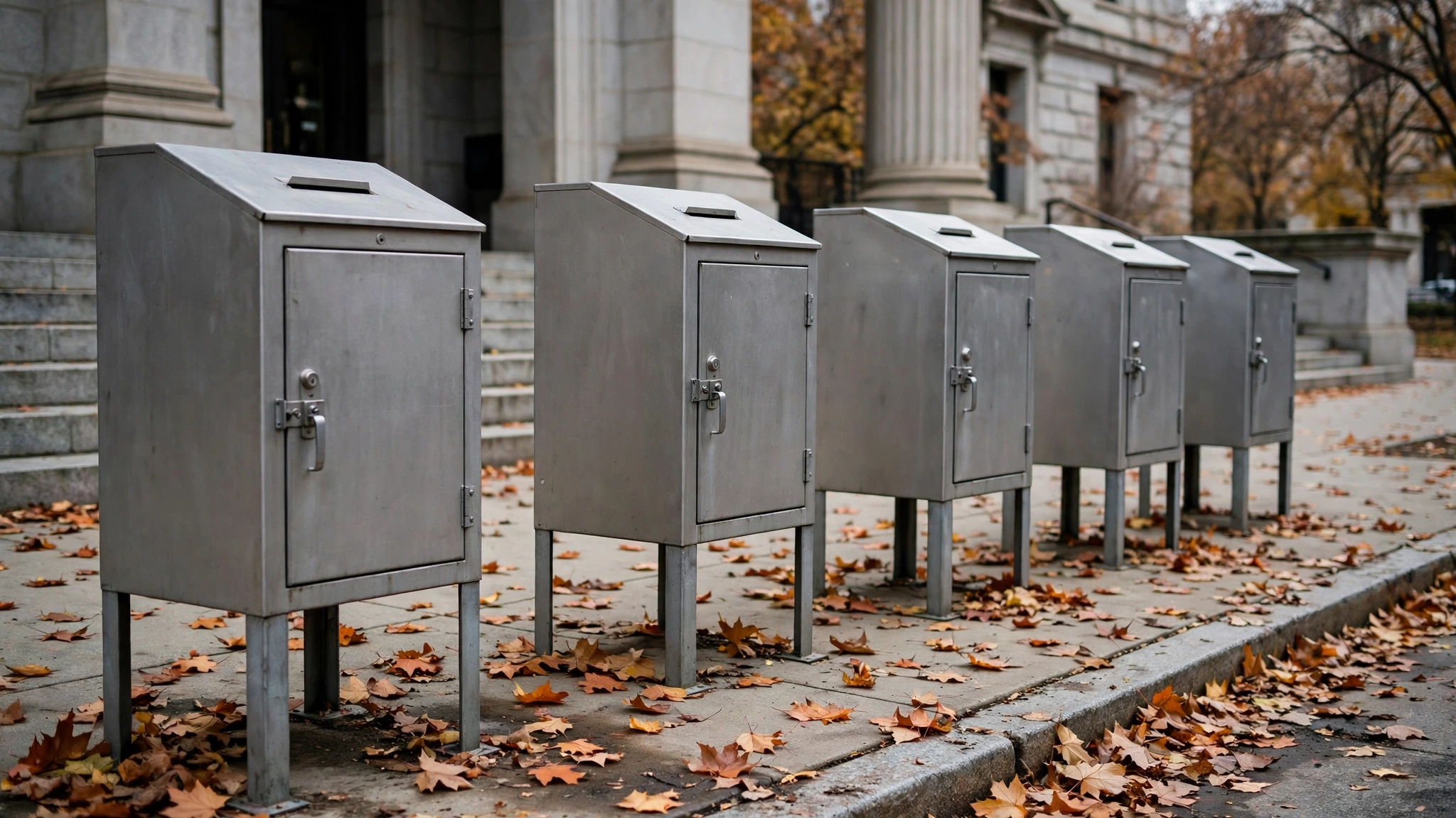 A row of plain metal ballot drop boxes on a sidewalk outside a stone government building, with autumn leaves on the ground