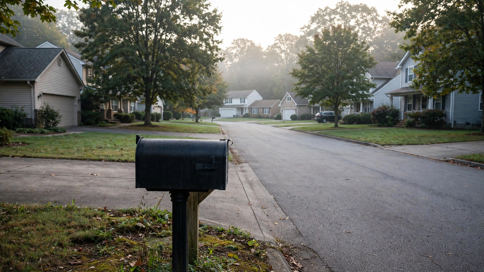 A black mailbox in the foreground of a quiet residential street with single-family houses