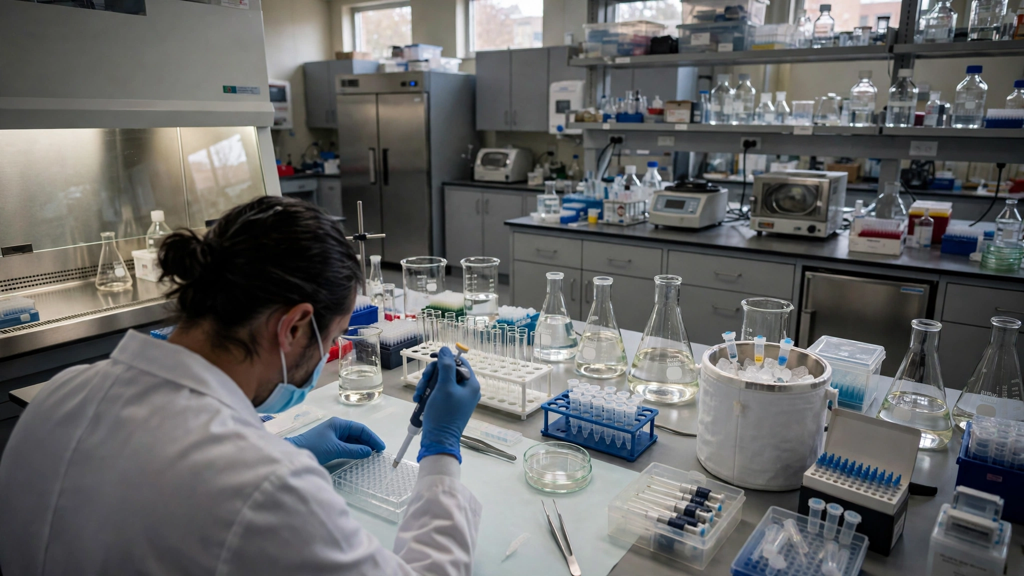 A researcher in a lab coat and mask working with test tubes at a laboratory bench