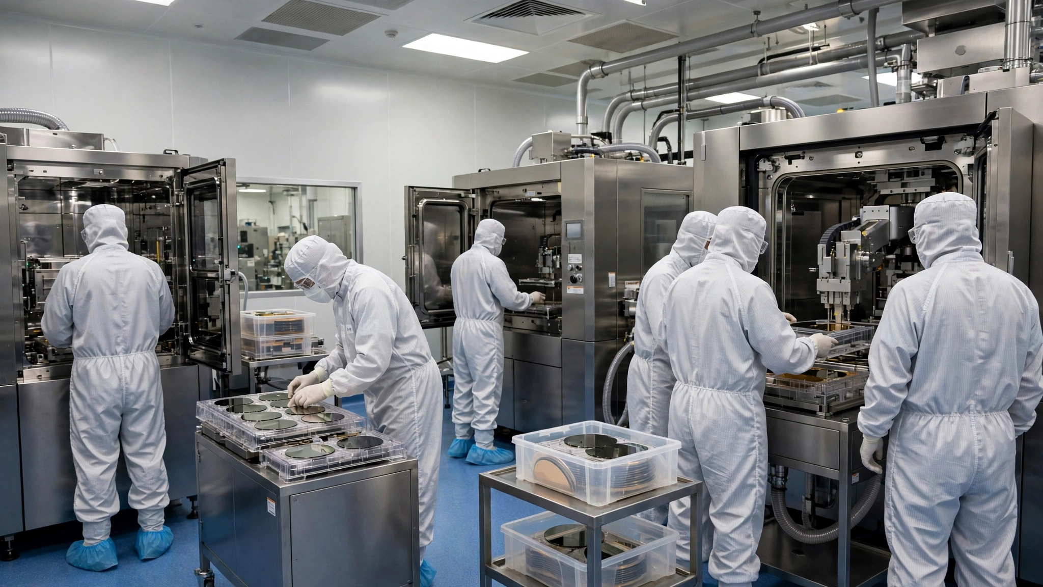 Workers in white protective suits working with equipment in a semiconductor cleanroom