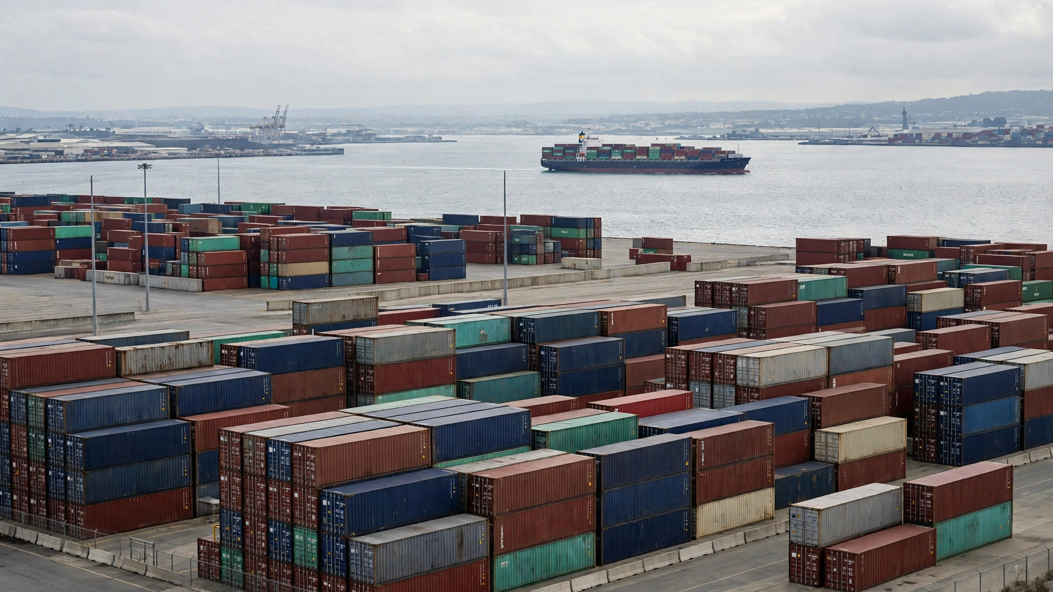 Stacked shipping containers at a port with a cargo ship on the water in the distance