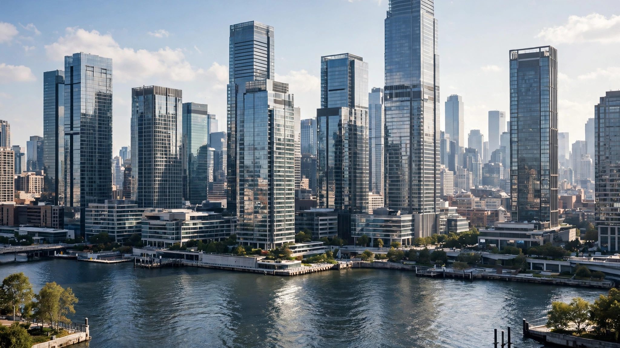 Tall glass office towers in a financial district beside a river in daytime