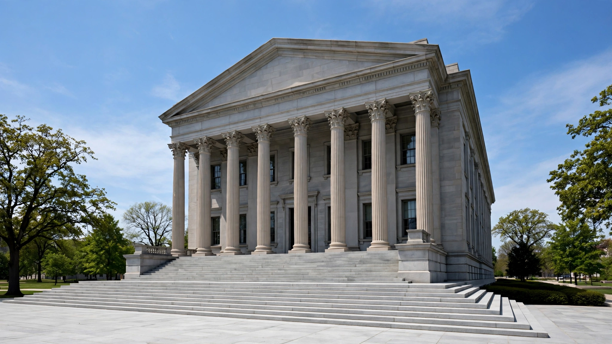 A stone courthouse building with tall columns and wide steps under a clear sky.