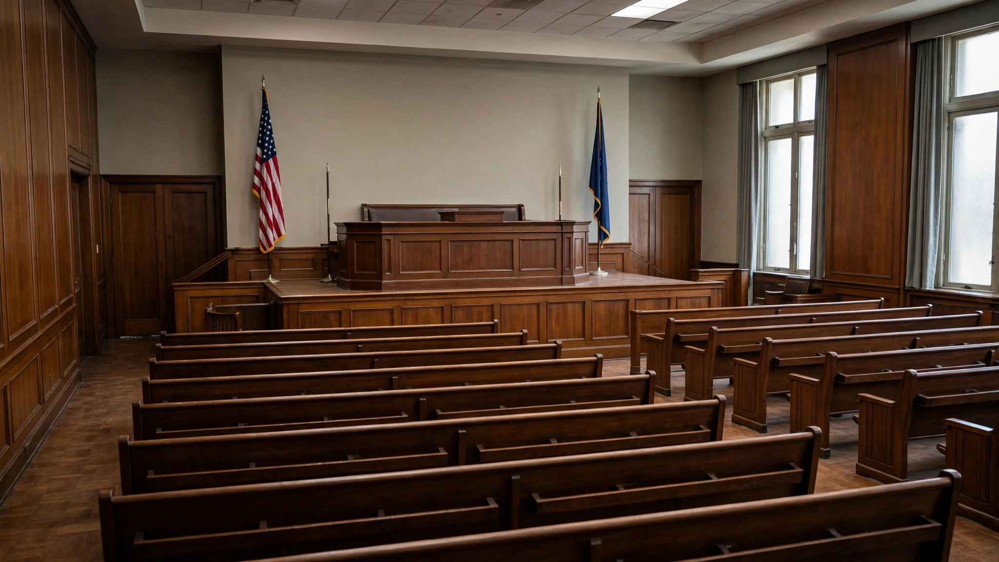An empty courtroom with wooden benches facing a raised wooden judge bench flanked by flags.