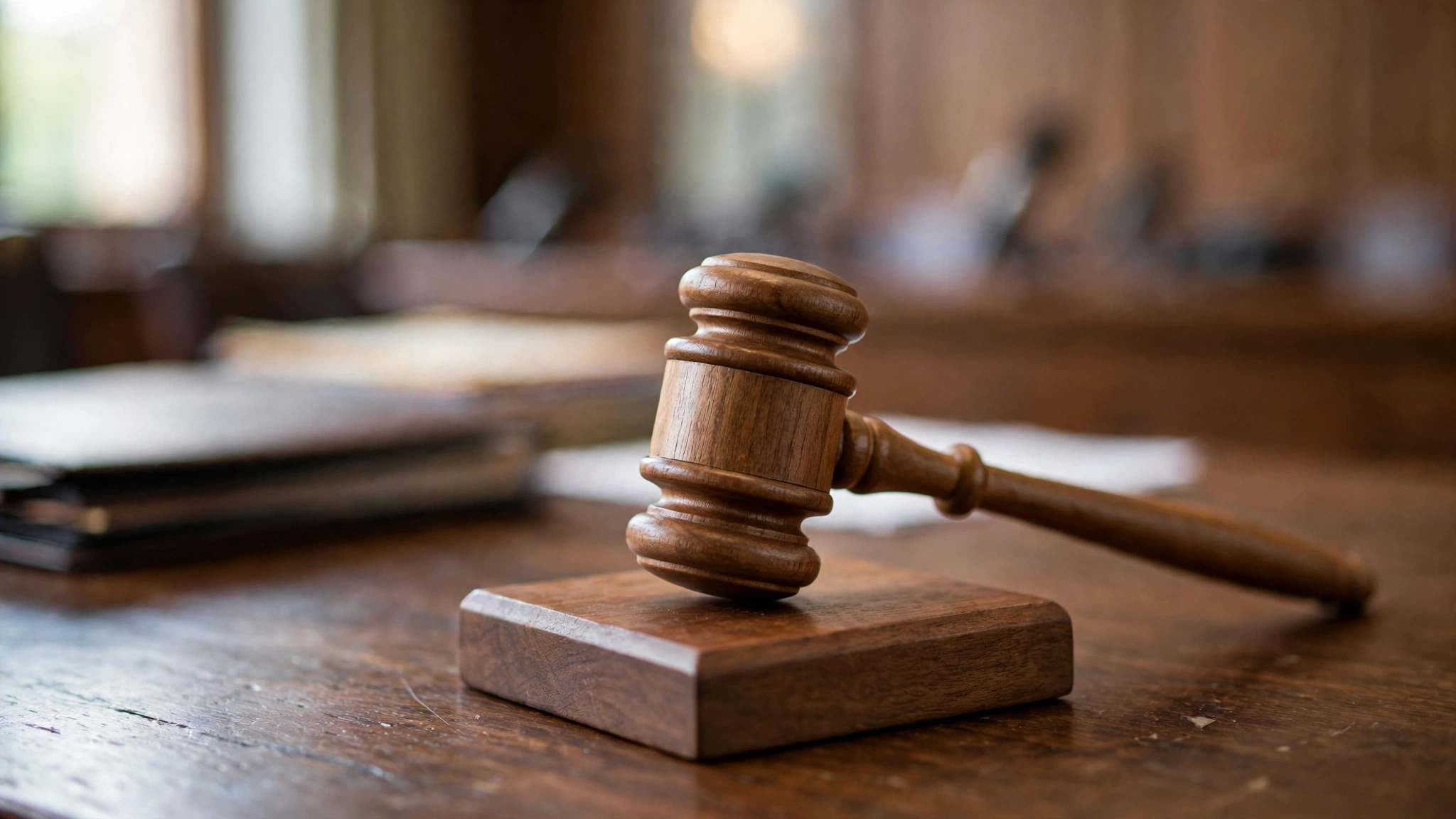 A wooden judge gavel resting on a sound block on a courtroom desk.