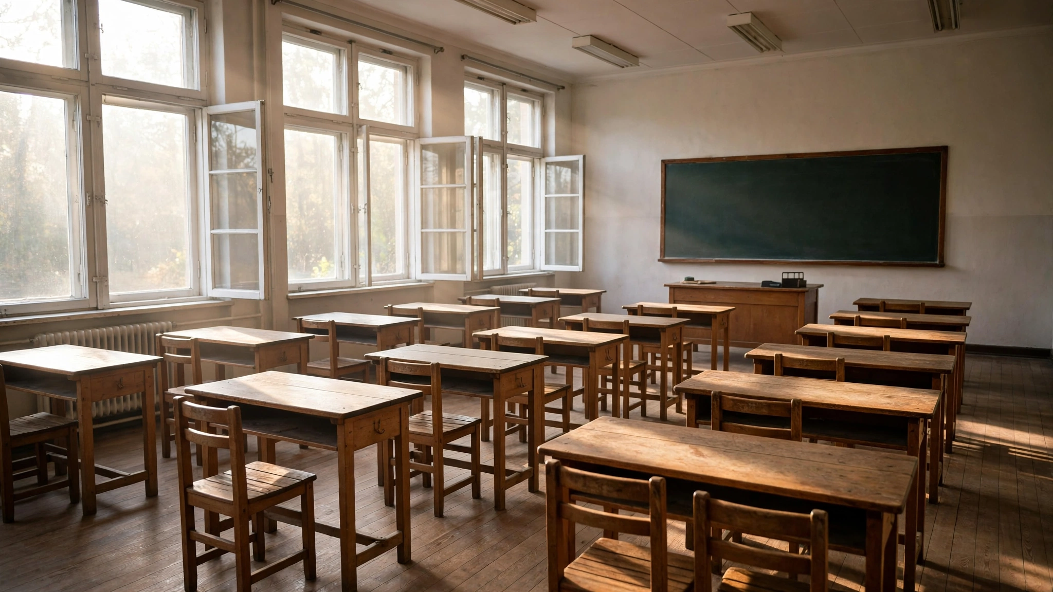 An empty classroom with rows of wooden desks and chairs and a chalkboard