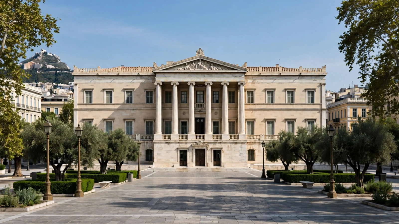 A neoclassical parliament building with columns, seen from a paved square with trees in Athens