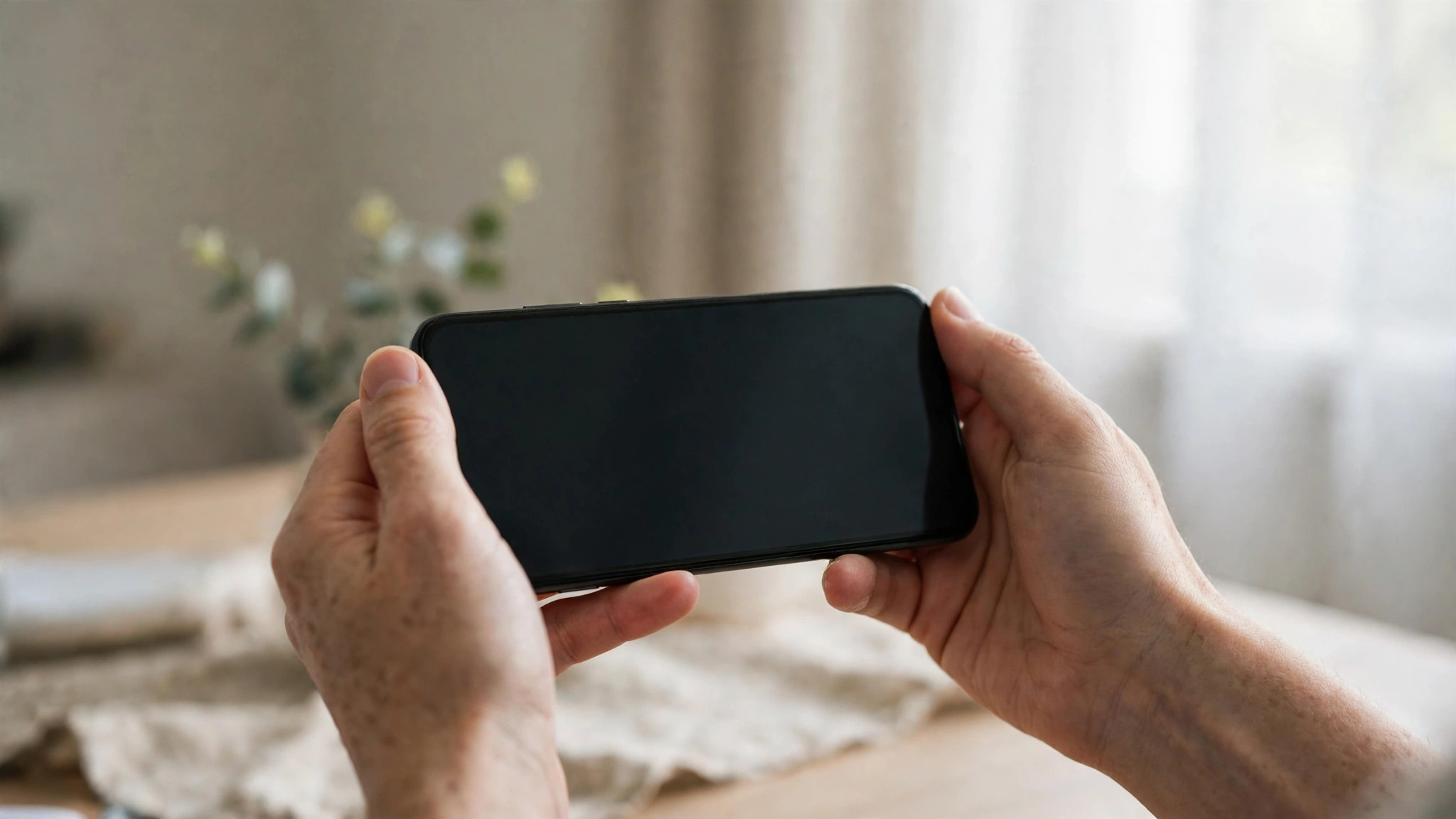 Two hands holding a smartphone with a blank dark screen indoors
