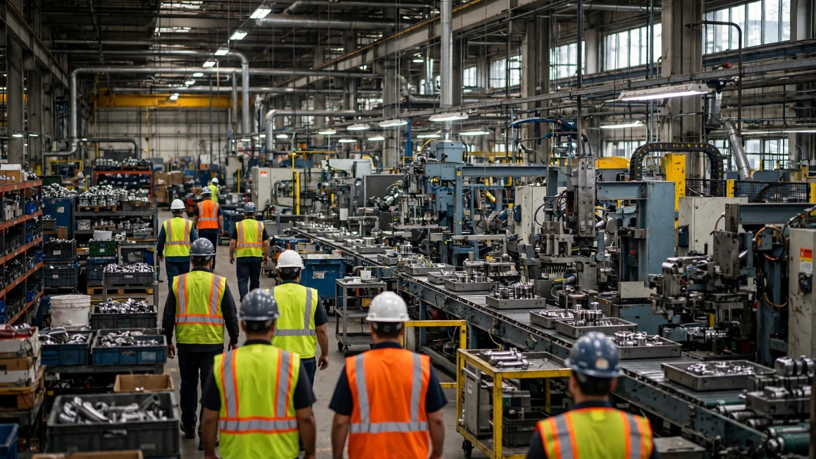 Workers in hard hats and high-visibility vests walking along a factory production line with machinery and parts bins.