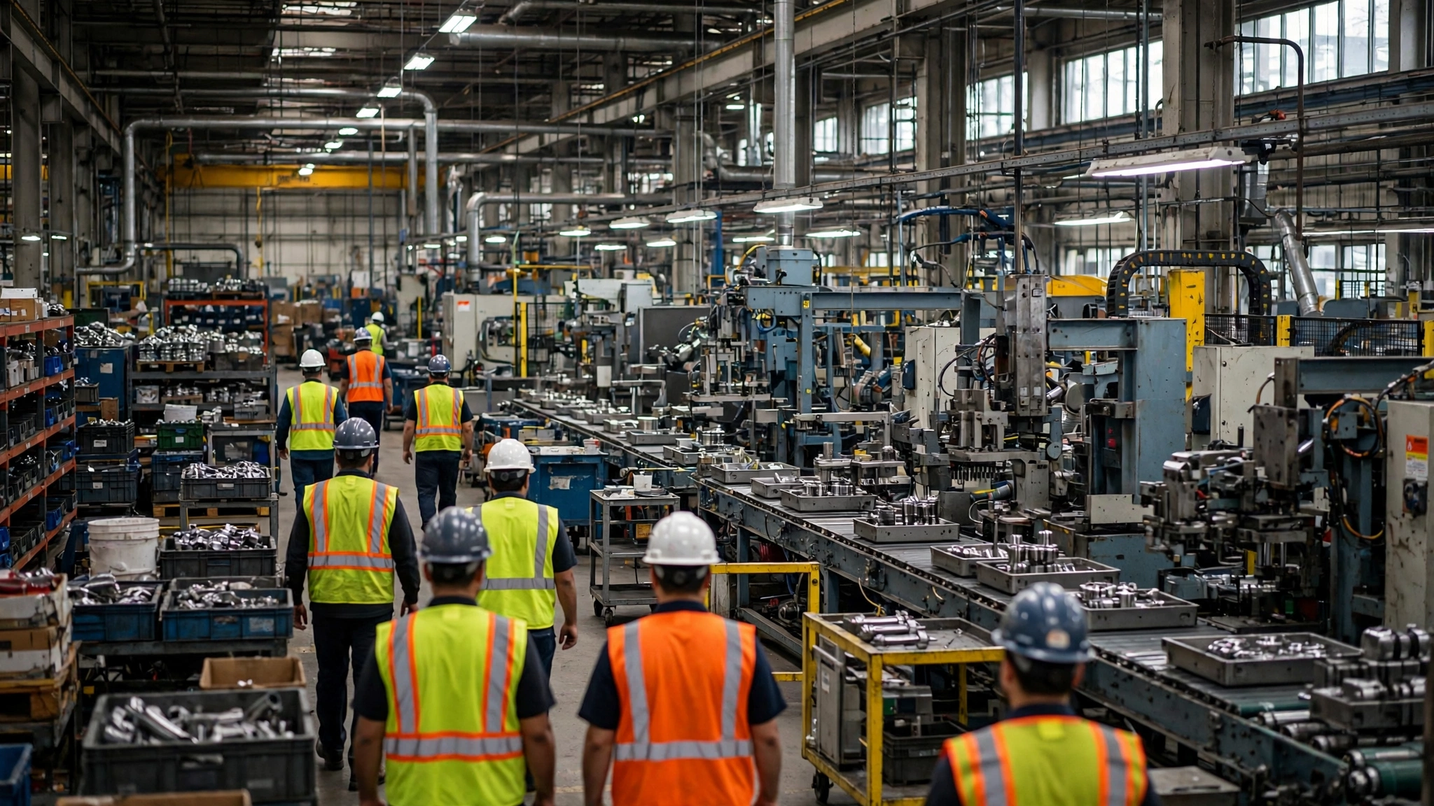 Workers in hard hats and high-visibility vests walking along a factory production line with machinery and parts bins.