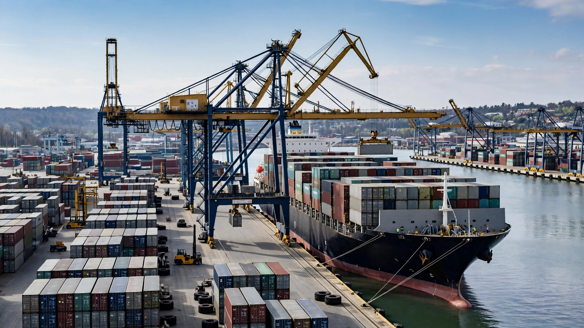 A large container ship docked at a port while cranes load stacked cargo containers.