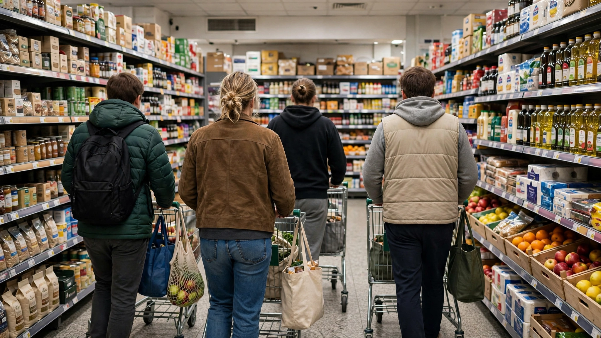 Four shoppers seen from behind pushing carts down a grocery store aisle lined with stocked shelves.