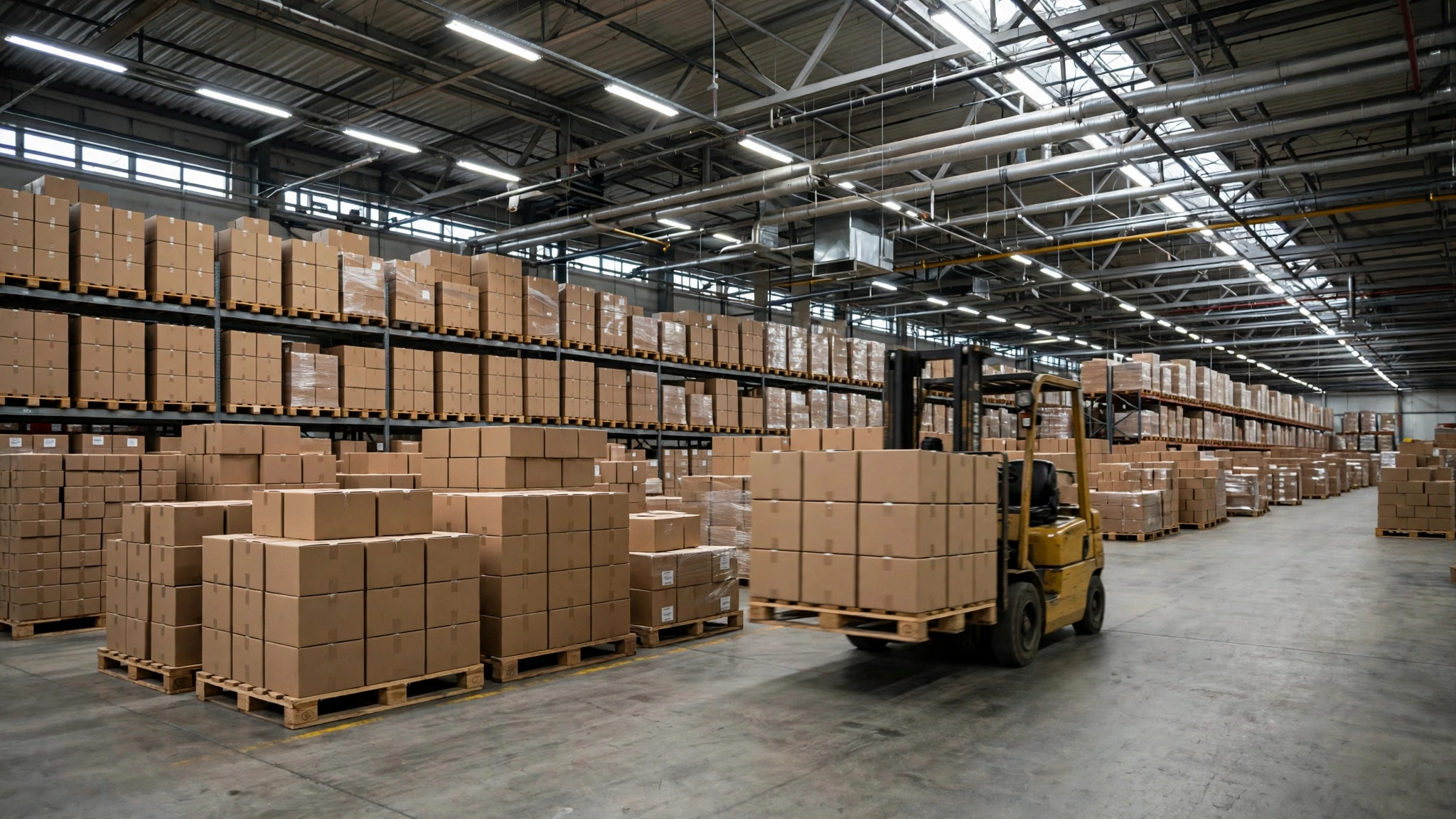 A forklift carrying a pallet of cardboard boxes inside a large warehouse with tall shelves stacked with boxes.