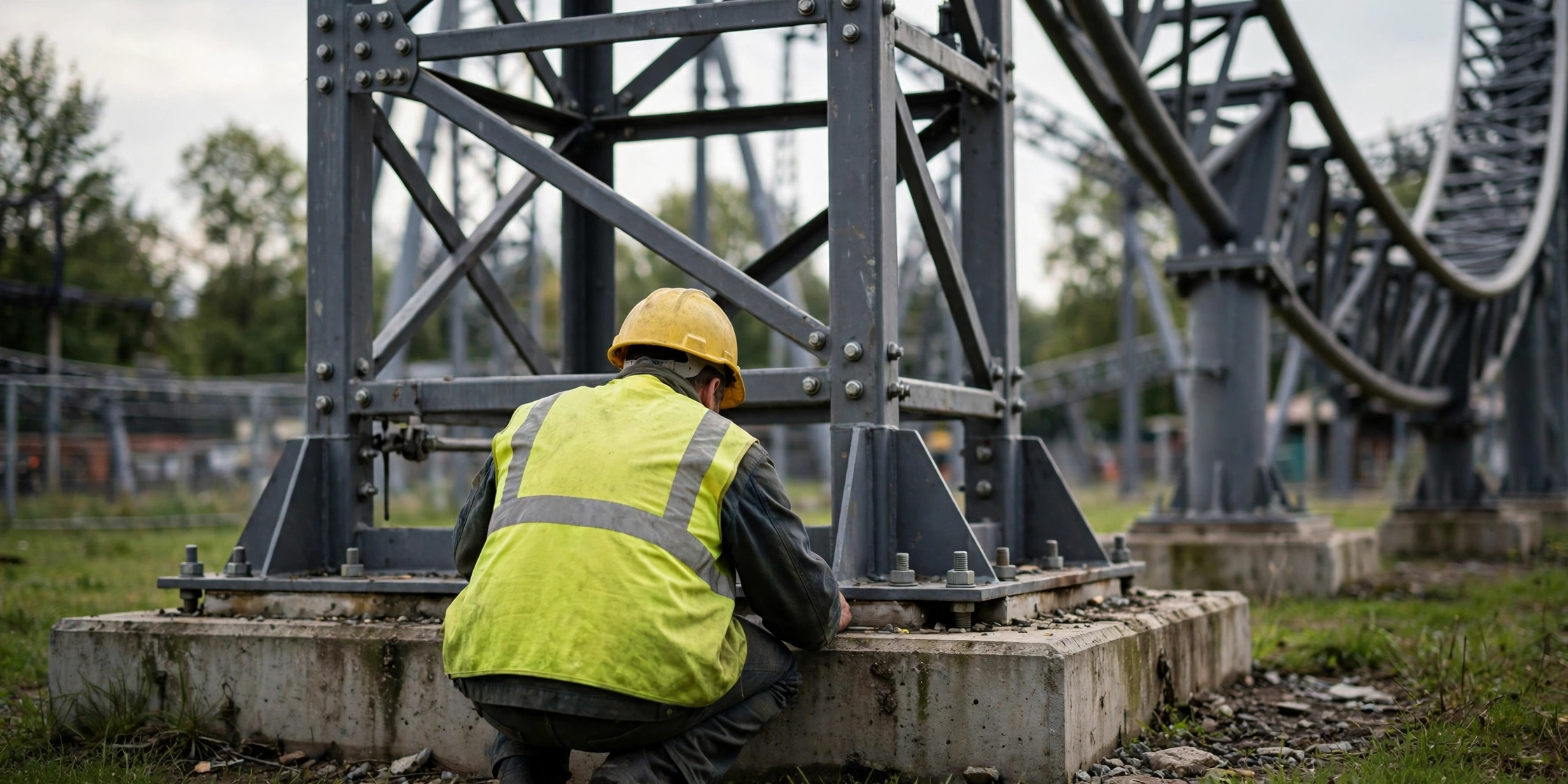 A worker in a yellow hard hat and high-visibility vest crouching to inspect the base of a steel roller coaster support