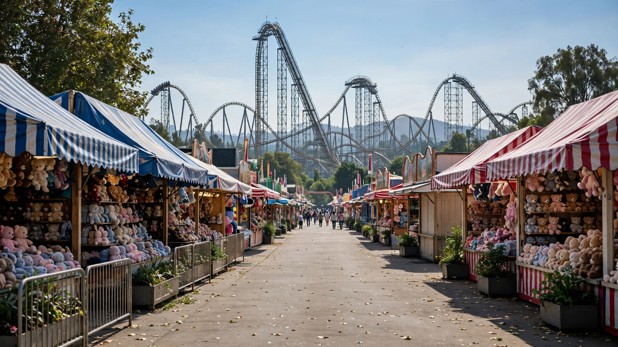 An amusement park midway lined with game stalls and a tall roller coaster in the background