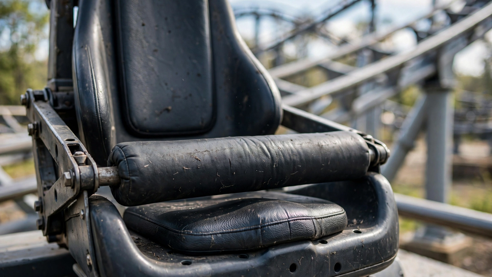 An empty roller coaster seat with a padded lap bar lowered across it and steel track behind it