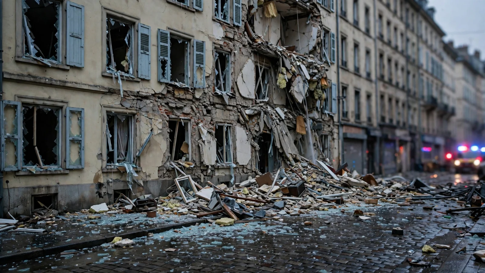 A damaged apartment building with broken windows and rubble spread across a cobblestone street