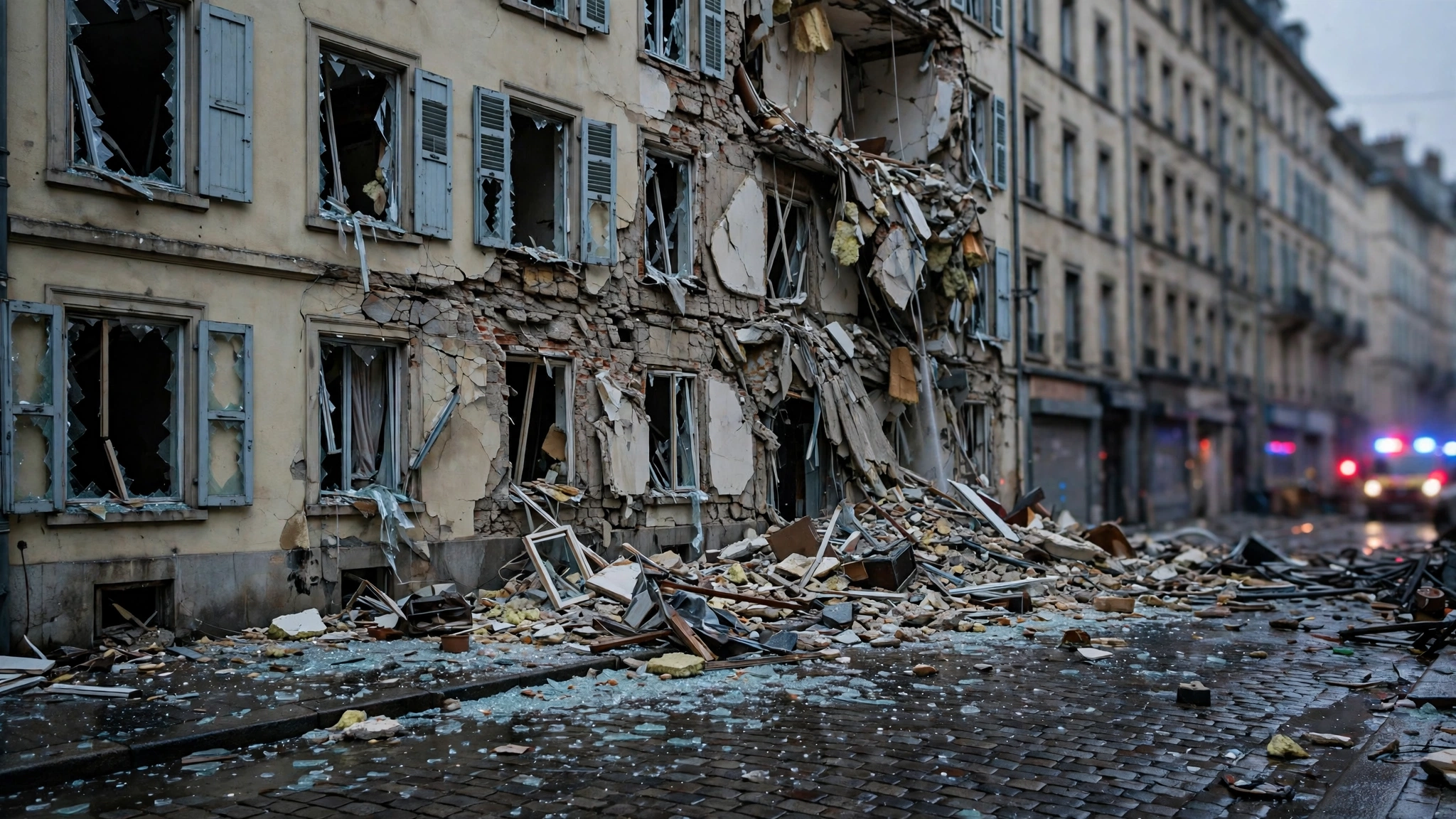 A damaged apartment building with broken windows and rubble spread across a cobblestone street