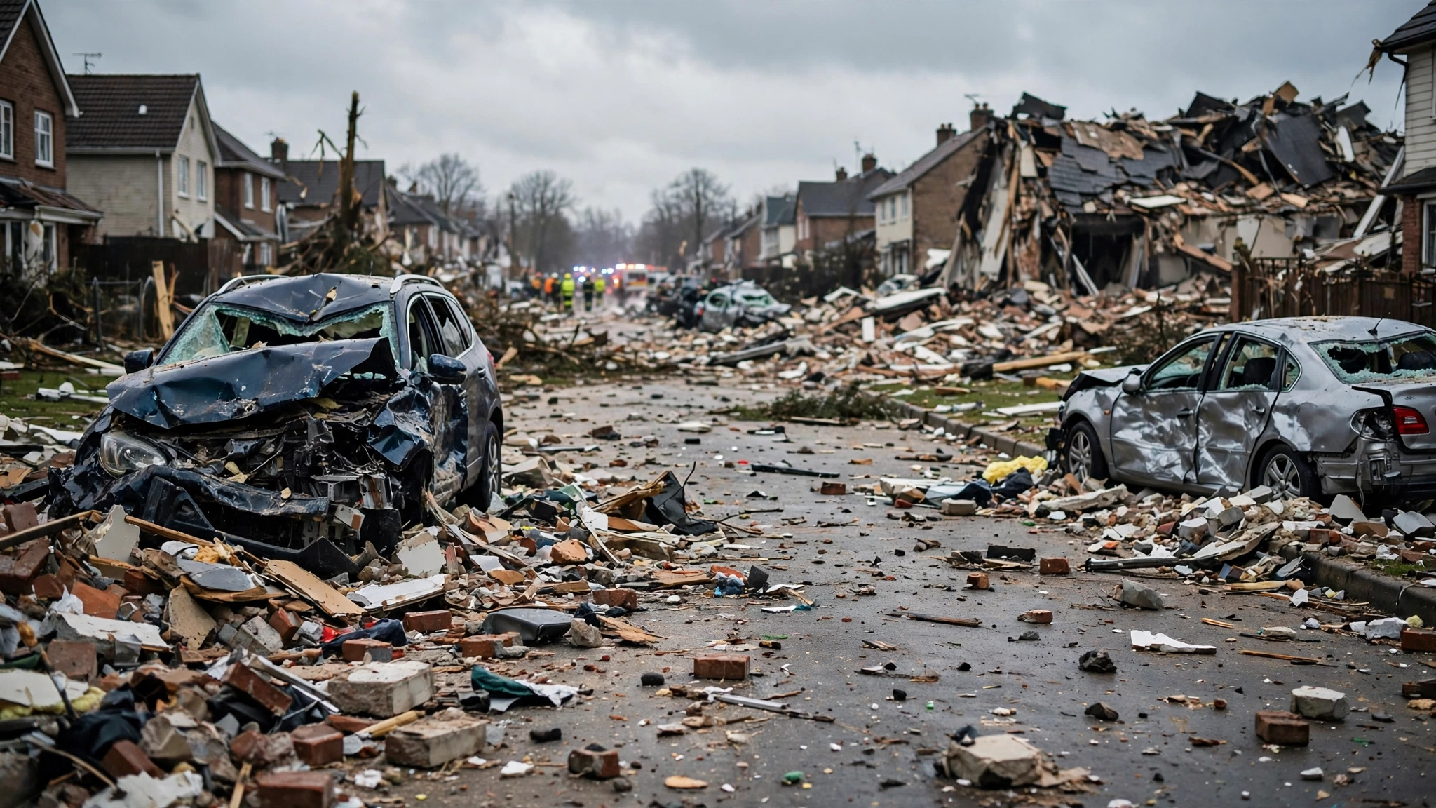 A residential street covered in rubble with two damaged cars and emergency workers in the distance
