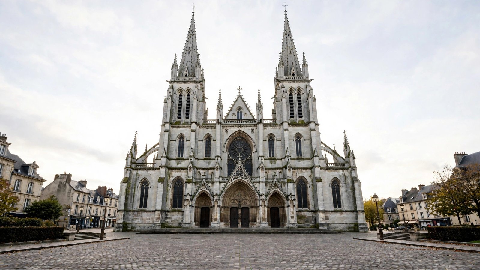 A stone cathedral with two tall spires seen across an empty cobblestone plaza