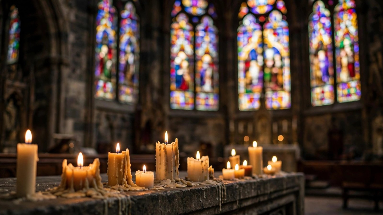 Lit candles in front of colorful stained glass windows inside a church