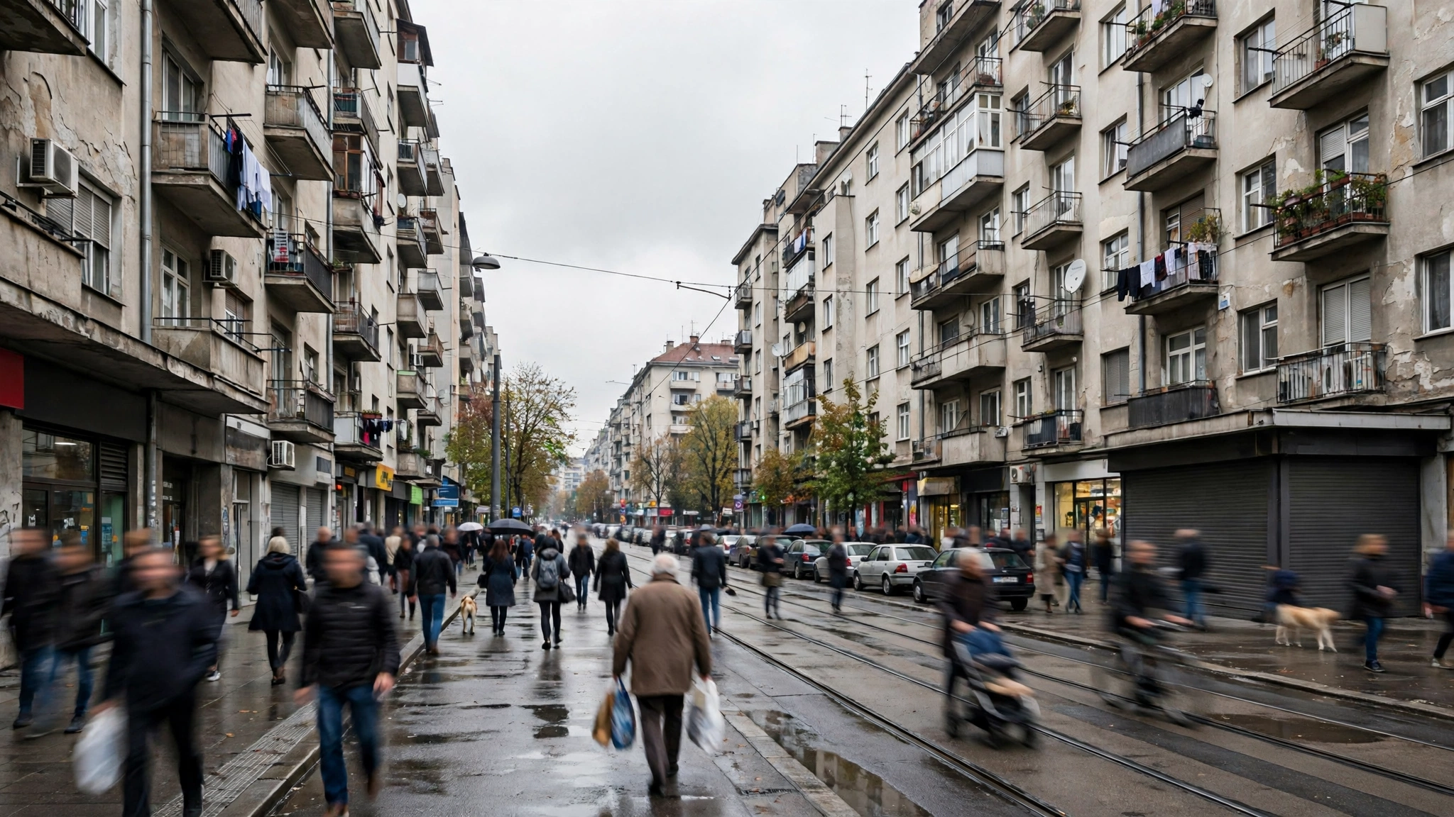 People walking on a wet city street lined with apartment buildings