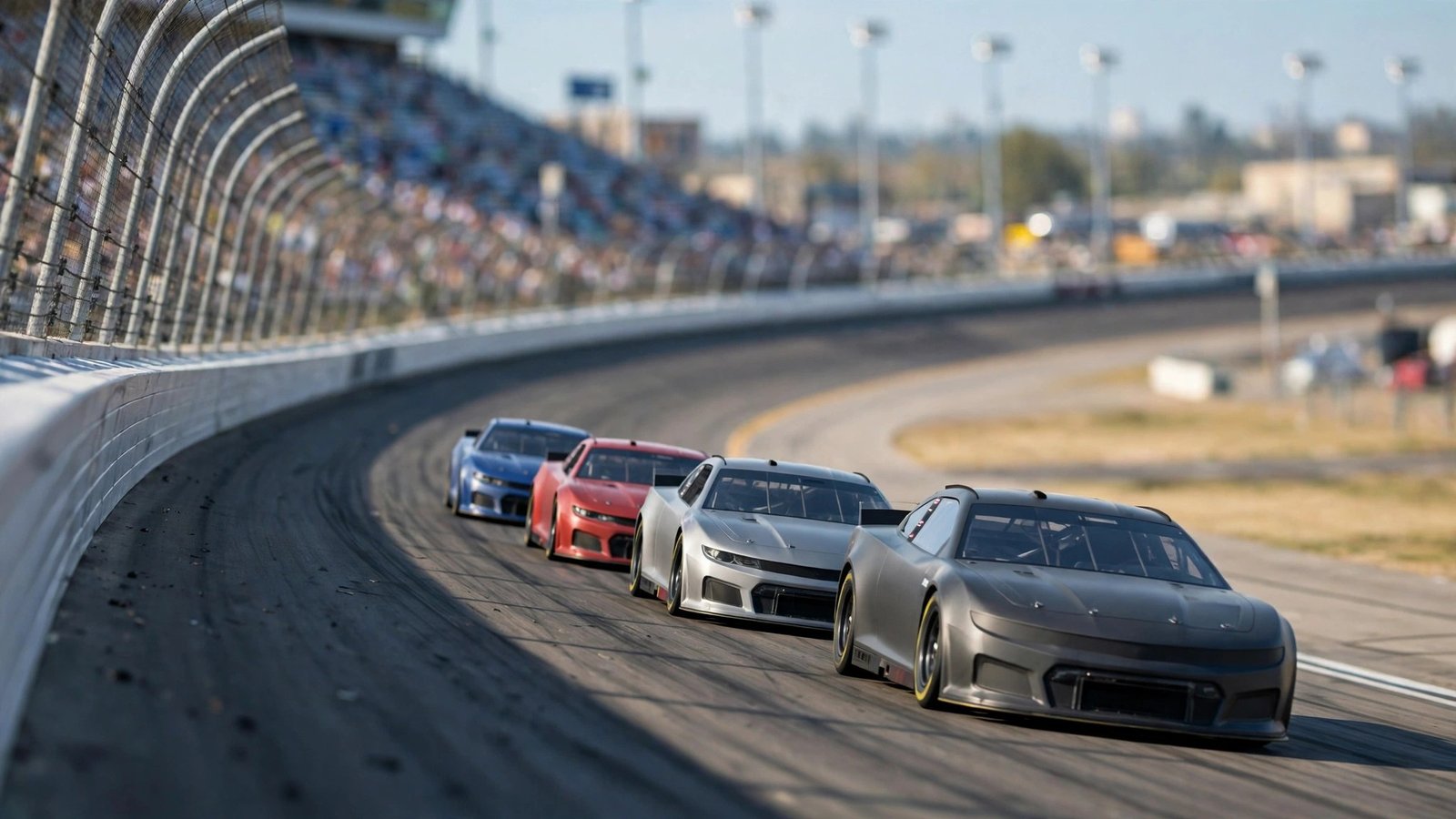 Four unmarked stock cars racing close together around a banked oval track in front of a grandstand