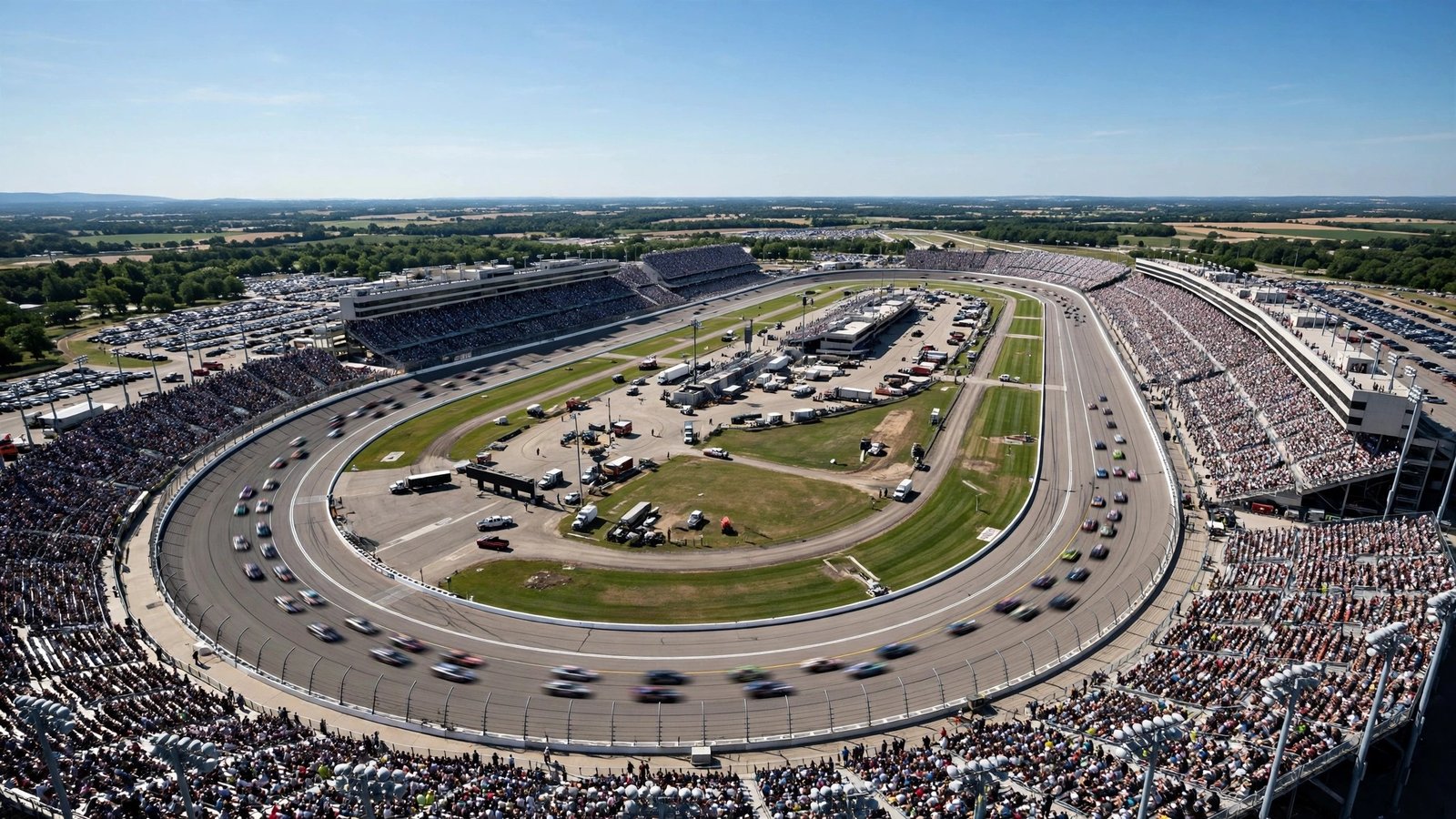 An aerial view of a large oval superspeedway with full grandstands and race cars on the track