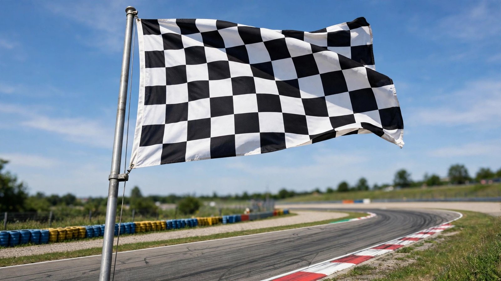 A black and white checkered flag waving on a pole beside a racetrack