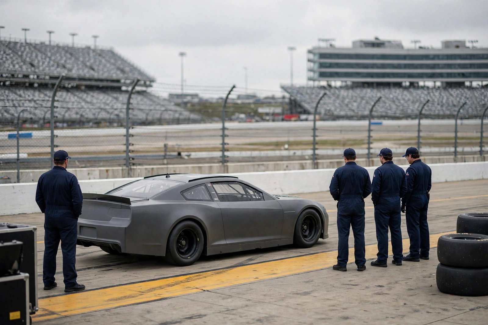 Four pit crew members in dark blue uniforms standing beside an unmarked gray stock car on pit road