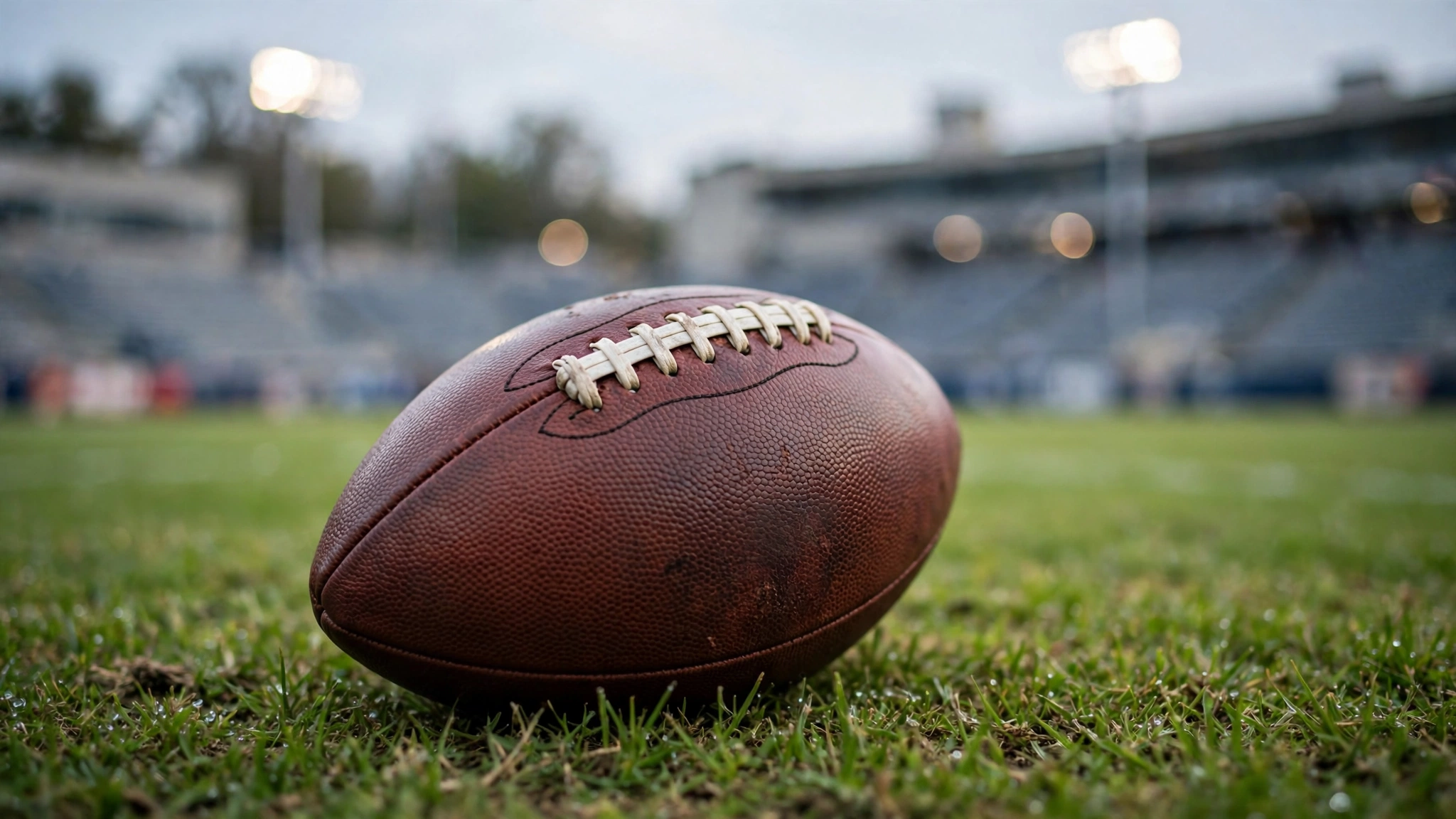 An American football resting on grass with a stadium blurred in the background