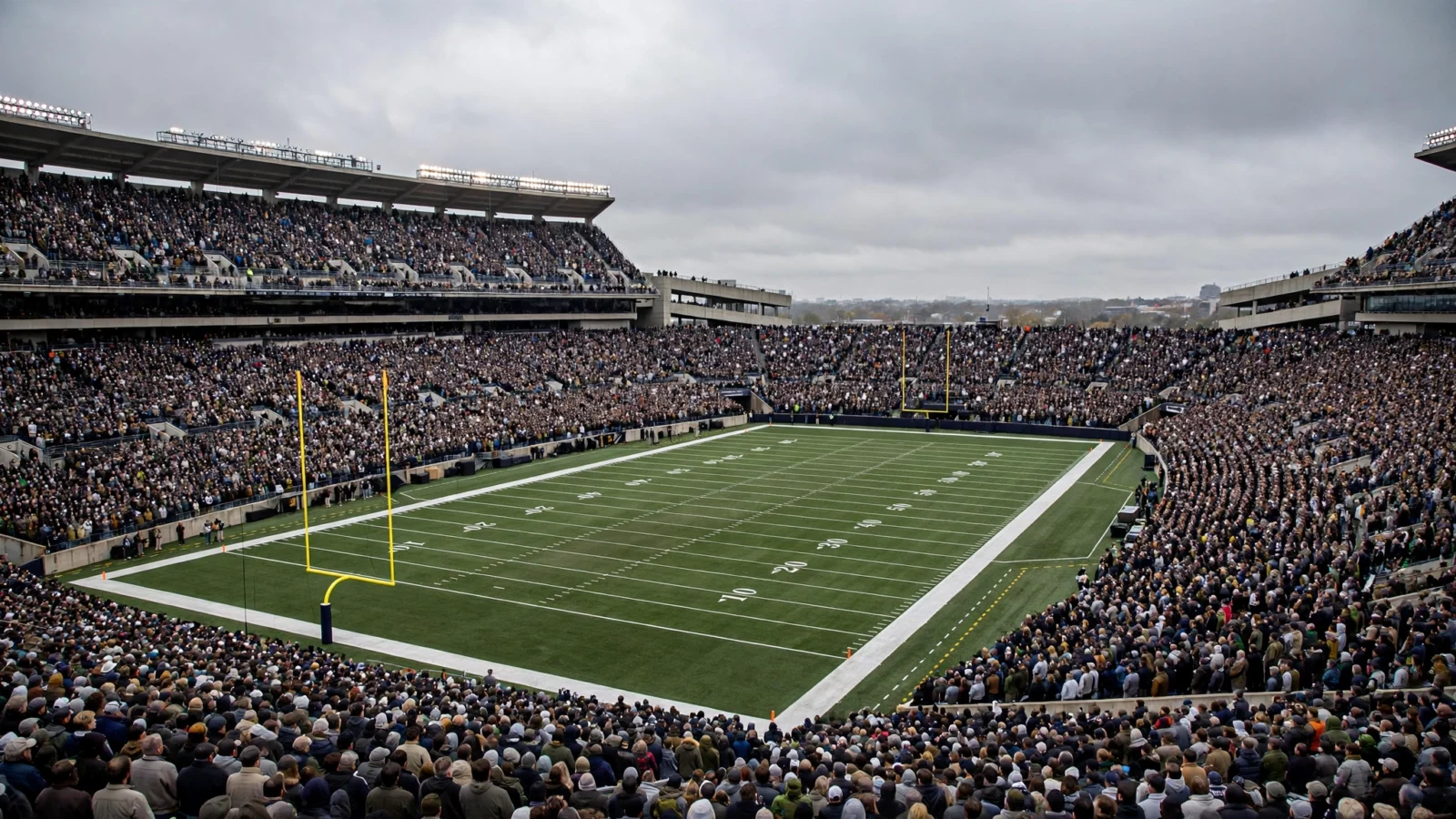 A packed American football stadium with yard lines and yellow goalposts