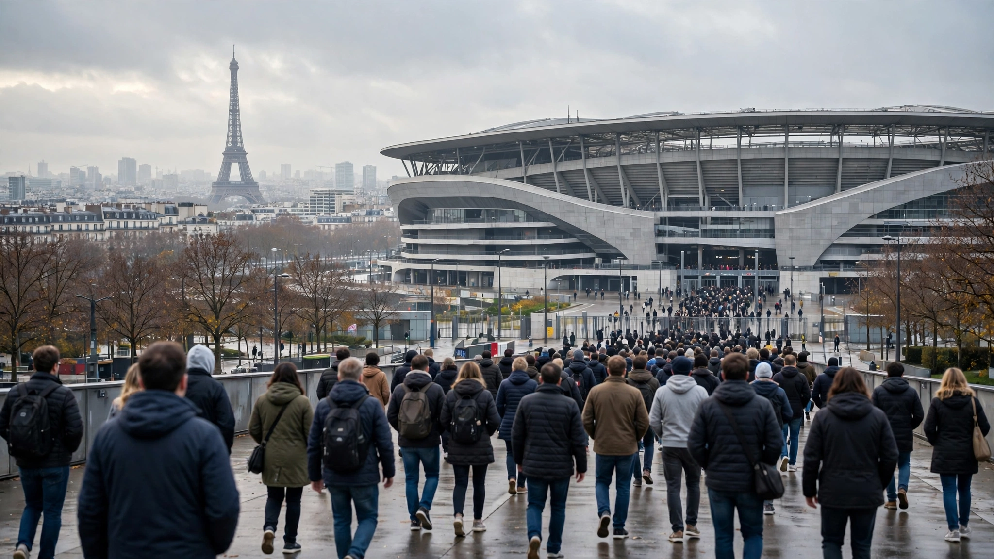 People walking toward a large modern stadium under a cloudy sky