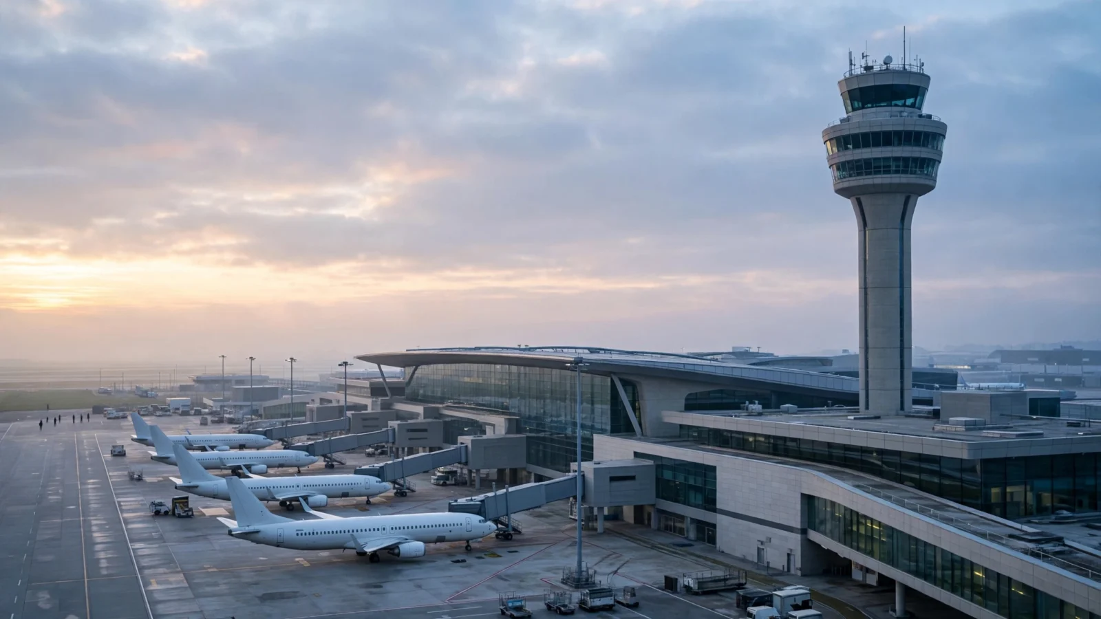 Passenger airplanes parked at gates beside a modern airport terminal and control tower at dawn