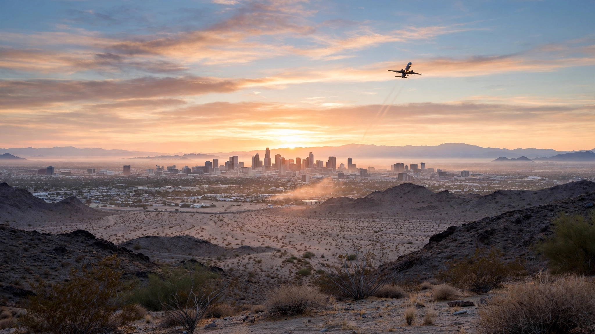 A passenger airplane climbing above a desert city skyline at sunrise