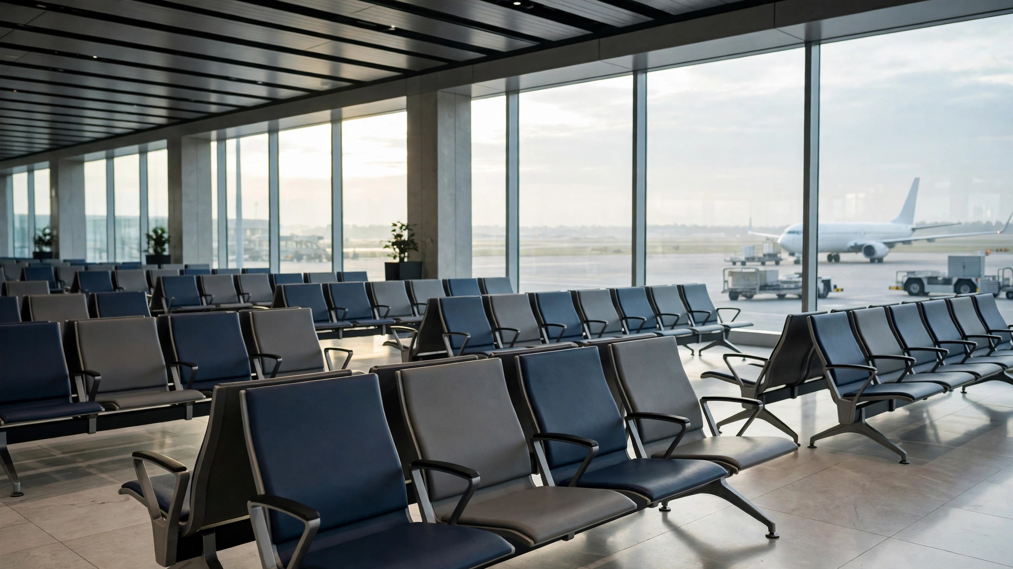 Rows of empty seats in an airport departure lounge beside large windows facing the tarmac