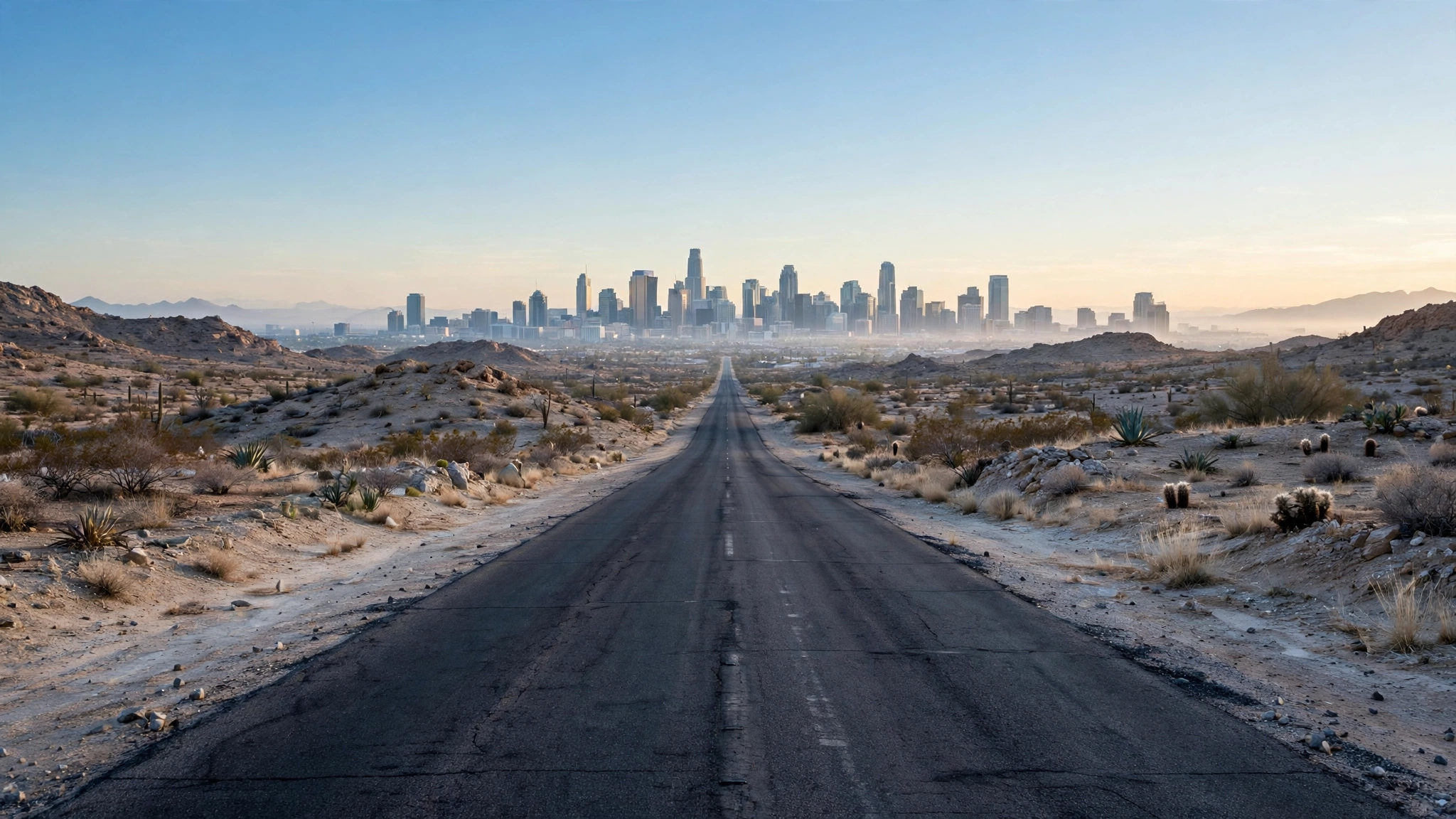 A straight desert road leading toward a distant city skyline at dawn