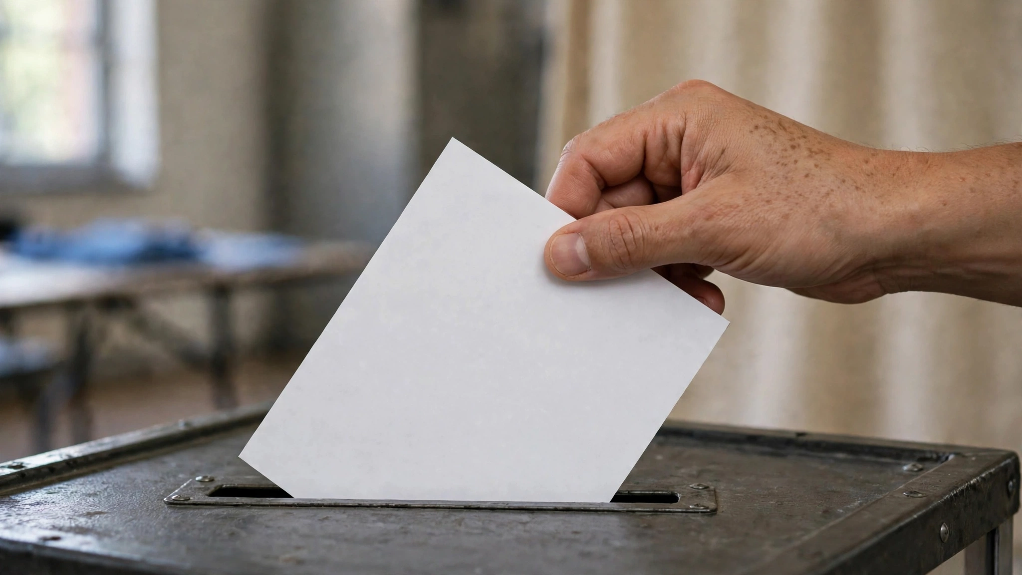 A hand placing a blank white paper ballot into a ballot box