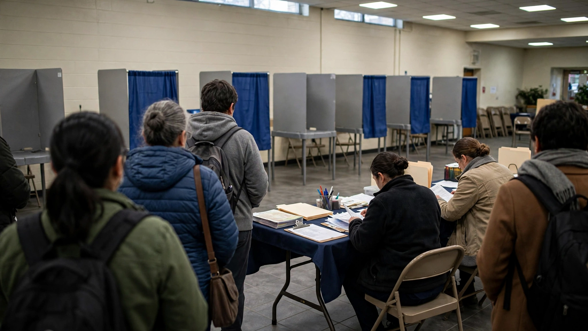 Voters standing near voting booths inside a polling station while workers sit at a table
