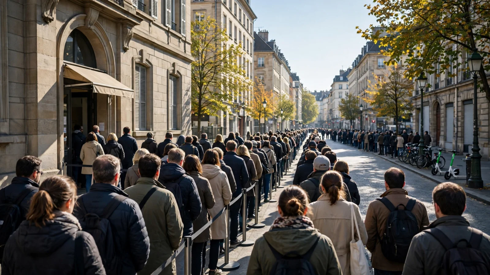 A long line of people waiting outside a building on a city street